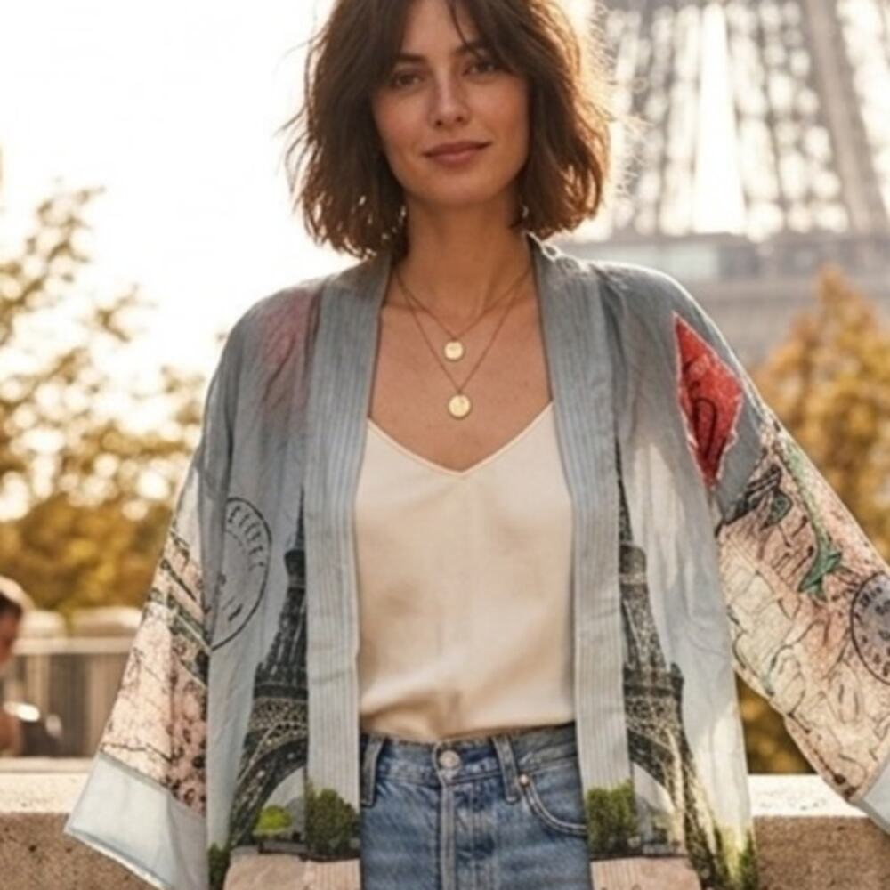 One Hundred Stars Eiffel Tower Kimono, Paris Travel Short Duster Cover Up small
